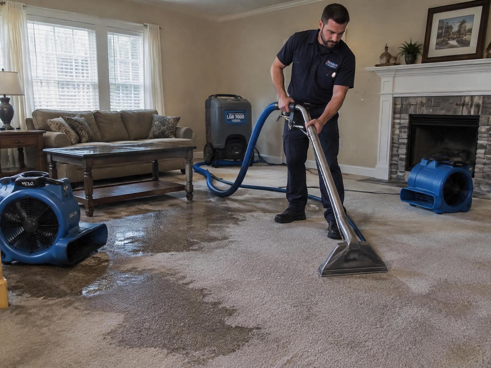 Technician extracting water from a flooded living room carpet